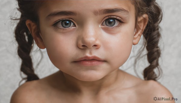 1girl,solo,long hair,looking at viewer,blue eyes,simple background,brown hair,bare shoulders,twintails,closed mouth,collarbone,braid,nude,grey background,blurry,black eyes,twin braids,lips,grey eyes,eyelashes,portrait,close-up,realistic,nose,expressionless