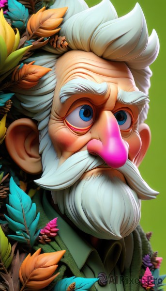 solo,looking at viewer,blue eyes,simple background,1boy,upper body,flower,white hair,grey hair,male focus,facial hair,leaf,portrait,beard,green background,green jacket,green shirt,mustache,purple flower,old,old man,jacket,artist name,uniform,military,military uniform,wrinkled skin