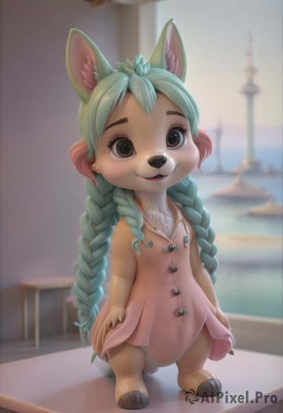 1girl,solo,long hair,looking at viewer,smile,open mouth,bangs,dress,animal ears,brown eyes,very long hair,blue hair,standing,tail,full body,braid,multicolored hair,outdoors,green hair,barefoot,teeth,sleeveless,artist name,indoors,signature,water,blurry,twin braids,flat chest,two-tone hair,aqua hair,buttons,sleeveless dress,depth of field,blurry background,happy,child,pink dress,furry,light blush,animal hands,furry female,female child,watercraft,body fur,animal nose,snout,two-tone fur,brown fur