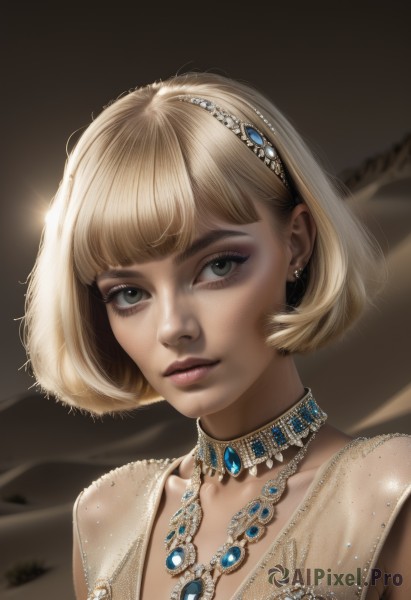 1girl,solo,looking at viewer,short hair,bangs,blue eyes,blonde hair,dress,jewelry,green eyes,collarbone,upper body,hairband,earrings,parted lips,choker,artist name,necklace,blurry,lips,grey eyes,eyelashes,makeup,piercing,bob cut,gem,portrait,eyeshadow,brown background,realistic,nose,mascara,breasts,see-through,freckles