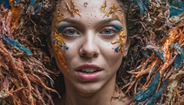 1girl,solo,looking at viewer,open mouth,blue eyes,black hair,parted lips,teeth,tongue,tongue out,blurry,lips,grey eyes,eyelashes,makeup,blurry background,portrait,close-up,eyeshadow,freckles,crystal,underwater,realistic,straight-on,coral,short hair,brown hair,lipstick,nose,gold,surreal