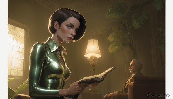 1girl,breasts,looking at viewer,blush,short hair,shirt,black hair,long sleeves,1boy,holding,brown eyes,medium breasts,sitting,closed mouth,jacket,upper body,grey hair,necktie,solo focus,shiny,indoors,lips,book,window,bodysuit,chair,sunlight,plant,holding book,shiny clothes,open book,nose,reading,potted plant,lamp,old,latex,glasses,hair bun,facial hair,formal,suit,beard,mustache,old man