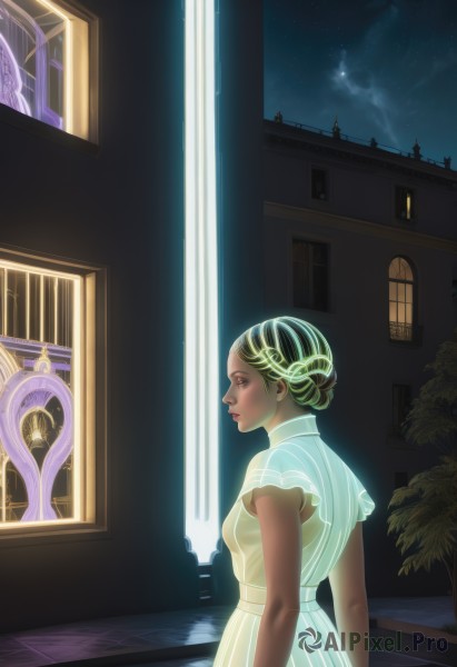 1girl,solo,short hair,dress,brown eyes,standing,green hair,sky,sleeveless,indoors,dark skin,white dress,dark-skinned female,lips,window,profile,night,plant,building,star (sky),night sky,starry sky,reflection,door,blonde hair,short sleeves,tree,realistic