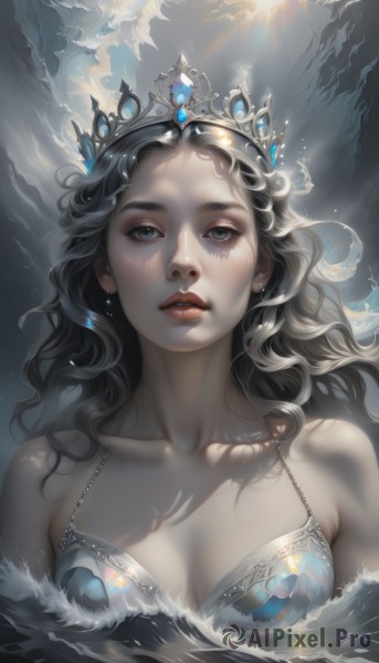 1girl,solo,long hair,breasts,looking at viewer,blue eyes,black hair,dress,cleavage,bare shoulders,jewelry,medium breasts,collarbone,upper body,earrings,parted lips,teeth,artist name,cloud,black eyes,lips,grey eyes,eyelashes,watermark,wavy hair,sunlight,tiara,crown,looking up,gem,web address,light rays,mountain,realistic,nose,sun,princess,sky,water,makeup,ocean,partially submerged,waves