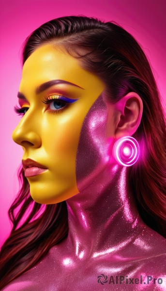 1girl,solo,long hair,looking at viewer,blue eyes,brown hair,jewelry,collarbone,earrings,parted lips,lips,eyelashes,bodysuit,makeup,glowing,colored skin,pink background,lipstick,portrait,eyeshadow,realistic,nose,animification,pink bodysuit,shiny,profile,science fiction,eyeliner,mascara