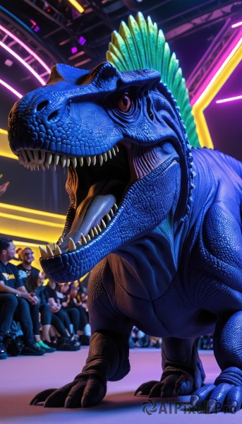 open mouth,red eyes,standing,tail,multiple boys,teeth,solo focus,indoors,no humans,sharp teeth,claws,monster,realistic,crowd,stage,dinosaur,people,stadium,kaijuu,audience,1girl,tongue,saliva,fangs,3boys,scales,police