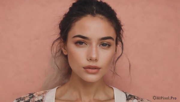 1girl,solo,long hair,looking at viewer,simple background,brown hair,black hair,collarbone,parted lips,black eyes,lips,pink background,messy hair,portrait,freckles,realistic,nose,blue eyes,teeth,mole,grey eyes,eyelashes,forehead,mole on cheek