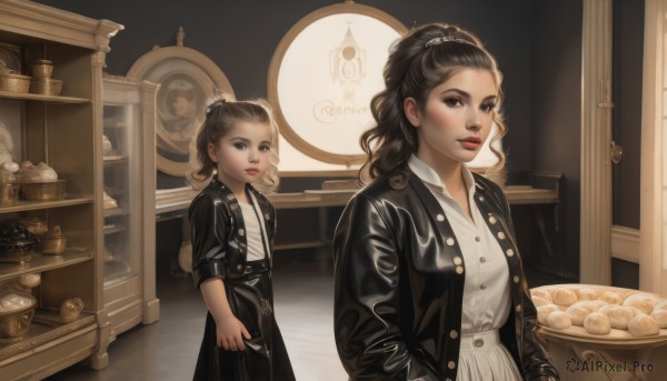 long hair,looking at viewer,multiple girls,brown hair,shirt,black hair,long sleeves,dress,holding,2girls,brown eyes,standing,jacket,white shirt,ponytail,parted lips,food,open clothes,belt,indoors,open jacket,lips,black jacket,buttons,child,realistic,clock,leather,bread,leather jacket,short hair,hair ornament,hair bun,white dress,black eyes,makeup,hand in pocket,hands in pockets,red lips,female child,shop