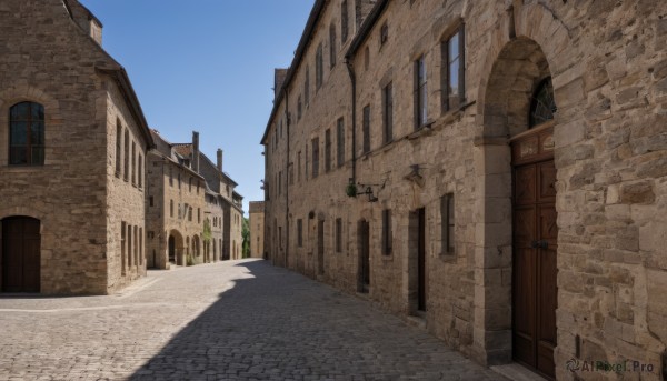 outdoors,sky,day,tree,blue sky,no humans,window,shadow,building,scenery,door,road,street,arch,cloud,plant,wall,architecture,pavement,stone floor