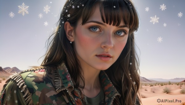 1girl,solo,long hair,looking at viewer,blush,bangs,blue eyes,brown hair,black hair,jewelry,jacket,upper body,earrings,outdoors,parted lips,sky,teeth,day,lips,portrait,snow,freckles,mountain,realistic,nose,snowflakes,camouflage,camouflage jacket,shirt,blue sky,eyelashes,winter