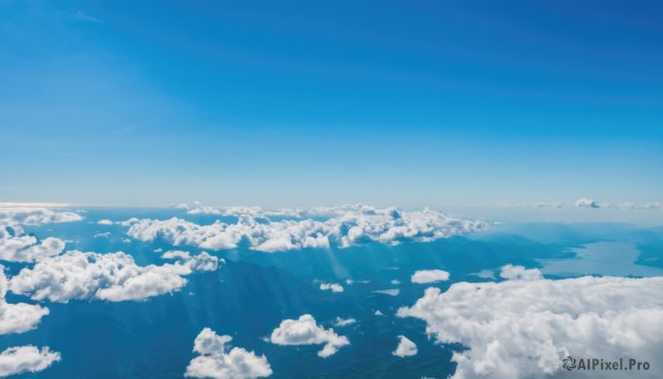 monochrome,outdoors,sky,day,cloud,water,blue sky,no humans,ocean,sunlight,cloudy sky,nature,scenery,blue theme,mountain,horizon,landscape,above clouds