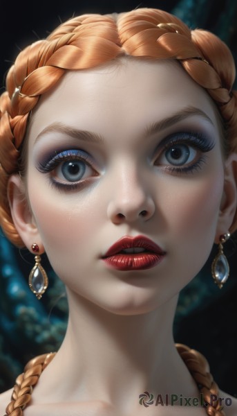 1girl,solo,long hair,looking at viewer,blue eyes,jewelry,collarbone,braid,earrings,parted lips,teeth,orange hair,blurry,twin braids,lips,eyelashes,makeup,blurry background,piercing,lipstick,portrait,close-up,eyeshadow,freckles,realistic,red lips,mascara,blonde hair,necklace,gem,nose,crown braid