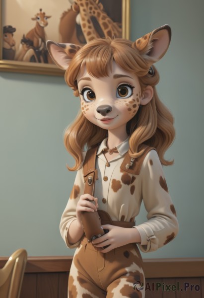 1girl,solo,long hair,looking at viewer,smile,bangs,brown hair,shirt,long sleeves,holding,animal ears,brown eyes,closed mouth,standing,white shirt,cowboy shot,collared shirt,belt,pants,artist name,indoors,flat chest,lips,buttons,chair,suspenders,animal print,extra ears,furry,personification,freckles,furry female,overalls,animal nose,deer ears,brown pants,painting (object),reference inset,deer