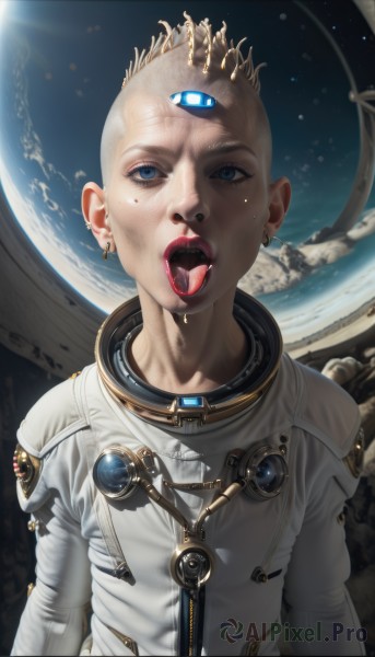 1girl,solo,looking at viewer,open mouth,blue eyes,blonde hair,jewelry,upper body,earrings,teeth,tongue,tongue out,mole,lips,mole under eye,makeup,piercing,lipstick,ear piercing,zipper,science fiction,realistic,nose,red lips,space,bald,planet,earth (planet),spacesuit,tongue piercing,uvula,astronaut,short hair,saliva,glowing,cyborg,mohawk