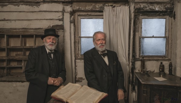 looking at viewer,short hair,shirt,long sleeves,hat,bow,closed mouth,jacket,white shirt,weapon,grey hair,male focus,multiple boys,necktie,glasses,collared shirt,indoors,2boys,bowtie,vest,coat,black jacket,gun,book,dutch angle,window,black headwear,black bow,facial hair,chair,formal,table,own hands together,suit,curtains,black necktie,beard,black coat,black bowtie,paper,open book,mustache,old,old man,white hair,bottle,desk,top hat,realistic,bald,cane,fine art parody