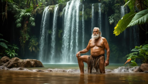 HQ,solo,short hair,1boy,navel,sitting,nipples,white hair,male focus,outdoors,day,water,stomach,tree,muscular,facial hair,pectorals,plant,muscular male,nature,scenery,bara,pelvic curtain,beard,forest,topless male,plump,rock,mature male,realistic,mustache,belly,bald,old,fat,chest hair,old man,loincloth,river,navel hair,waterfall,fat man,wet,leaf,wading,manly,hand on own knee