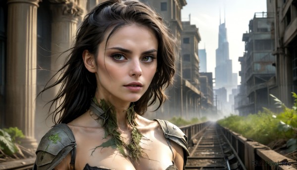 HQ,1girl,solo,long hair,breasts,looking at viewer,brown hair,black hair,cleavage,brown eyes,medium breasts,collarbone,upper body,outdoors,parted lips,day,armor,lips,plant,shoulder armor,building,science fiction,pauldrons,city,realistic,nose,ruins,overgrown,signature,tree,torn clothes,eyelashes,makeup,leaf,sunlight,messy hair,portrait,close-up,stairs,vines,moss,ivy