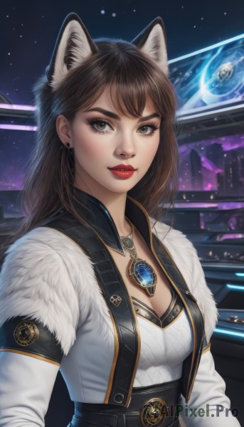 1girl,solo,long hair,breasts,looking at viewer,bangs,brown hair,black hair,long sleeves,animal ears,cleavage,brown eyes,jewelry,medium breasts,closed mouth,jacket,upper body,earrings,sky,cat ears,necklace,lips,animal ear fluff,fur trim,makeup,white jacket,lipstick,brooch,gem,star (sky),extra ears,pendant,eyeshadow,nose,red lips,space,planet,open clothes,belt,artist name,eyelashes,wolf ears,cropped jacket,realistic