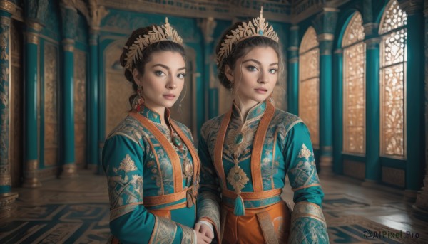 looking at viewer,smile,blue eyes,multiple girls,brown hair,black hair,hair ornament,long sleeves,dress,2girls,brown eyes,jewelry,closed mouth,upper body,braid,earrings,artist name,indoors,wide sleeves,necklace,hair bun,black eyes,lips,sash,window,siblings,chinese clothes,single hair bun,tiara,sisters,gem,tassel,realistic,headdress,architecture,hair pulled back,pillar,blue gemstone,updo,arch,signature,makeup,holding hands,lipstick,red lips