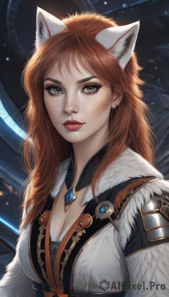 1girl,solo,long hair,breasts,looking at viewer,bangs,brown hair,animal ears,cleavage,brown eyes,jewelry,medium breasts,closed mouth,upper body,earrings,artist name,cat ears,orange hair,mole,lips,fur trim,mole under eye,makeup,lipstick,brooch,gem,freckles,nose,red lips,yellow eyes,red hair,necklace,eyelashes,wolf ears,realistic,fur