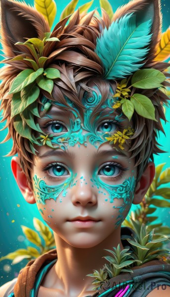 solo,looking at viewer,short hair,bangs,blue eyes,brown hair,1boy,animal ears,closed mouth,collarbone,upper body,flower,male focus,artist name,blurry,aqua eyes,lips,fox ears,eyelashes,depth of field,glowing,leaf,blue background,facial mark,plant,portrait,light particles,close-up,nose,vines,aqua background,eye focus,hair ornament,headphones,watermark,child,web address,bandaid on face,facepaint,male child