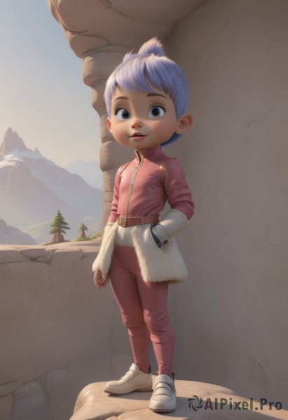 1girl,solo,looking at viewer,smile,short hair,gloves,blue hair,standing,jacket,full body,white hair,outdoors,sky,shoes,belt,pants,black eyes,tree,lips,white footwear,child,short ponytail,hand in pocket,pink jacket,jumpsuit,pink pants,mountain,realistic,hands in pockets