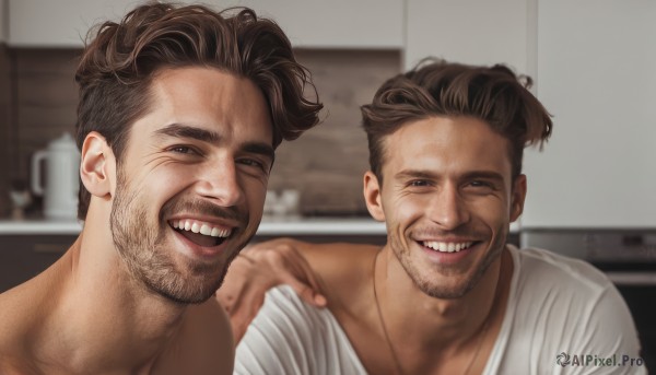 looking at viewer,smile,short hair,open mouth,brown hair,shirt,brown eyes,white shirt,upper body,male focus,one eye closed,multiple boys,teeth,indoors,2boys,grin,blurry,black eyes,cup,blurry background,facial hair,portrait,beard,meme,realistic,mustache,stubble,hand on another's shoulder,real life insert,father and son,black hair,:d,dark skin,depth of field,dark-skinned male,messy hair,kitchen