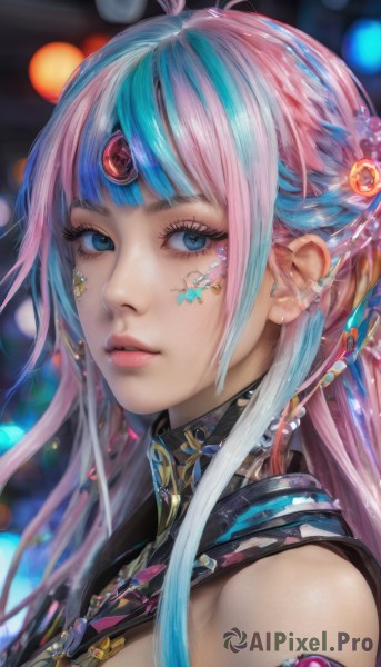 1girl,solo,long hair,breasts,looking at viewer,bangs,blue eyes,hair ornament,bare shoulders,jewelry,blue hair,upper body,pink hair,ahoge,multicolored hair,earrings,parted lips,star (symbol),blurry,from side,two-tone hair,lips,streaked hair,eyelashes,aqua hair,gradient hair,makeup,depth of field,blurry background,facial mark,piercing,gem,ear piercing,portrait,eyeshadow,freckles,pink lips,realistic,nose,facial tattoo,mascara,sidelocks,blunt bangs,cable,earphones,forehead jewel,earbuds