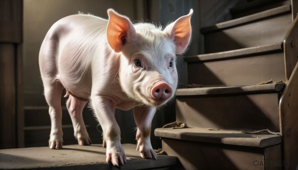 HQ,solo,looking at viewer,blue eyes,full body,indoors,blurry,black eyes,no humans,animal,cat,stairs,realistic,animal focus,mouse,whiskers,brown eyes,standing,signature,box