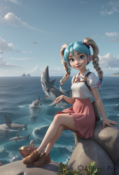 1girl,solo,long hair,breasts,looking at viewer,smile,open mouth,bangs,blue eyes,skirt,blonde hair,shirt,hair ornament,bow,ribbon,twintails,sitting,blue hair,full body,white shirt,braid,flower,short sleeves,multicolored hair,pleated skirt,small breasts,boots,outdoors,parted lips,sky,shoes,teeth,solo focus,day,puffy sleeves,collared shirt,artist name,cloud,signature,water,bag,nail polish,twin braids,two-tone hair,aqua eyes,blue sky,puffy short sleeves,lips,fingernails,eyelashes,bare legs,aqua hair,neck ribbon,bird,ocean,arm support,animal,beach,brown footwear,crossed legs,cloudy sky,plant,pointing,red nails,pink nails,cross-laced footwear,pink skirt,fish,rock,shoulder bag,pink lips,nose,hair tie,horizon,red lips,ankle boots,waves,seagull,dolphin,blush,hair ribbon,miniskirt,handbag,watercraft,turtle,log