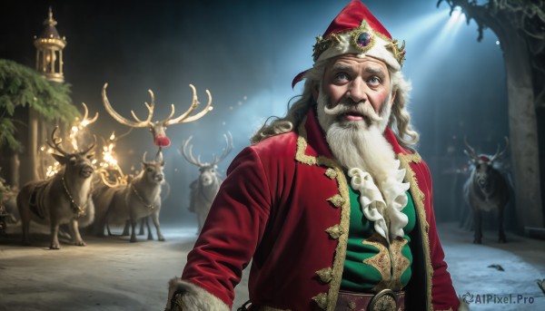 HQ,solo,long hair,looking at viewer,blue eyes,gloves,long sleeves,1boy,hat,standing,jacket,upper body,white hair,male focus,outdoors,belt,tree,fur trim,facial hair,animal,crown,gem,christmas,red headwear,beard,red jacket,santa hat,brown gloves,santa costume,light rays,mustache,candle,antlers,old,old man,deer,reindeer,brown hair,signature,glowing,sunlight,snow,realistic