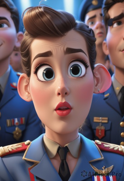 1girl,looking at viewer,blush,short hair,open mouth,blue eyes,brown hair,shirt,hat,jewelry,jacket,earrings,parted lips,multiple boys,necktie,teeth,solo focus,collared shirt,artist name,blurry,uniform,black eyes,lips,military,eyelashes,military uniform,makeup,detached collar,depth of field,blurry background,thick eyebrows,lipstick,portrait,black necktie,close-up,freckles,6+boys,epaulettes,wide-eyed,red lips,stud earrings,badge,police,police uniform,policewoman,police hat,black hair,3boys