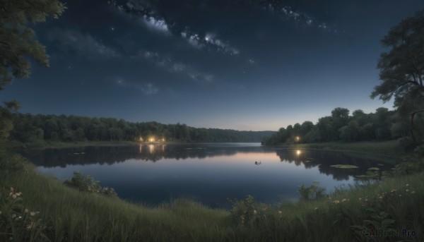 flower,outdoors,sky,cloud,water,tree,no humans,night,bird,grass,plant,star (sky),nature,night sky,scenery,forest,starry sky,reflection,dark,river,lake,moon,bug,fire,building,butterfly,lantern,mountain,watercraft,landscape,fireflies,reflective water