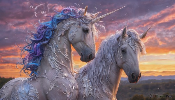 solo,long hair,blue hair,multicolored hair,outdoors,horns,sky,cloud,blurry,no humans,animal,cloudy sky,scenery,single horn,sunset,realistic,fantasy,horse,twilight,evening,horseback riding,unicorn,1girl,ass,nude,from behind,completely nude,bird,wavy hair,nature,mountain