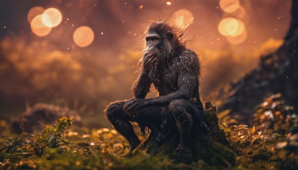 solo,1boy,animal ears,sitting,full body,male focus,outdoors,artist name,blurry,no humans,depth of field,blurry background,squatting,grass,sharp teeth,claws,furry,furry male,bokeh,flower,tree,realistic,hand on own chin,monkey