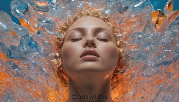 1girl,solo,short hair,open mouth,blonde hair,closed eyes,parted lips,teeth,water,lips,portrait,facing viewer,freckles,fish,ice,realistic,jewelry,eyelashes,water drop,orange background,orange theme