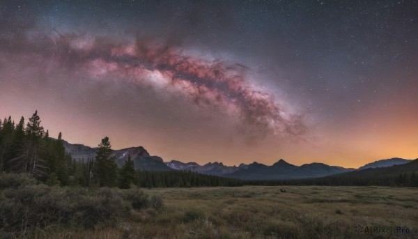 outdoors,sky,cloud,tree,no humans,night,grass,star (sky),nature,night sky,scenery,forest,starry sky,sunset,mountain,twilight,evening,landscape,mountainous horizon,gradient sky,hill,field,milky way