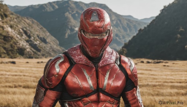 solo,looking at viewer,1boy,upper body,male focus,outdoors,armor,blurry,blurry background,helmet,science fiction,mountain,realistic,red bodysuit,photo background,tokusatsu,bodysuit,red armor