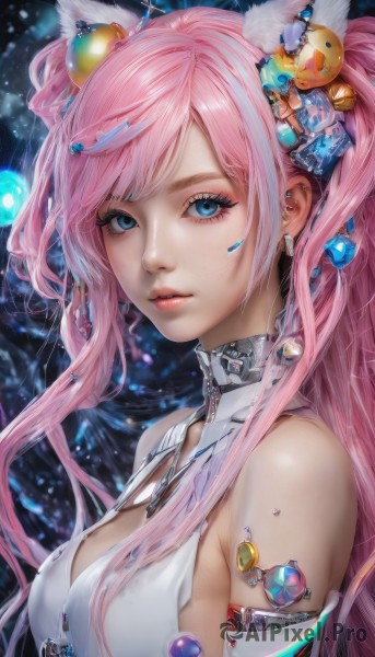 1girl,solo,long hair,breasts,looking at viewer,bangs,blue eyes,hair ornament,animal ears,cleavage,bare shoulders,twintails,jewelry,medium breasts,upper body,pink hair,multicolored hair,earrings,parted lips,choker,cat ears,two side up,lips,streaked hair,animal ear fluff,eyelashes,bell,makeup,piercing,jingle bell,eyeshadow,science fiction,eyeliner,mascara,necklace,gem,armlet,realistic,nose