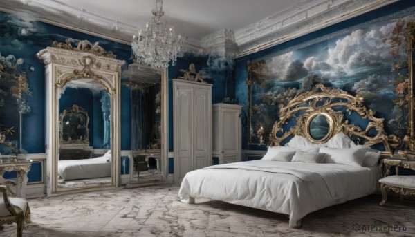 sky,cloud,indoors,tree,pillow,no humans,window,bed,night,chair,table,cloudy sky,scenery,mirror,clock,lamp,candle,painting (object),carpet,candlestand,rug,chandelier,plant,star (sky),night sky,couch,wooden floor,blanket,tile floor