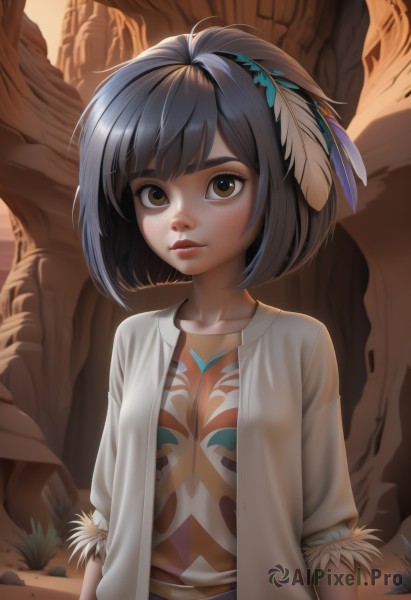 1girl,solo,breasts,looking at viewer,short hair,bangs,shirt,black hair,hair ornament,brown eyes,closed mouth,collarbone,white shirt,upper body,short sleeves,small breasts,outdoors,open clothes,artist name,signature,open jacket,tree,lips,bob cut,feathers,freckles,rock,nose,arms at sides,feather hair ornament,brown hair,jacket,thick eyebrows