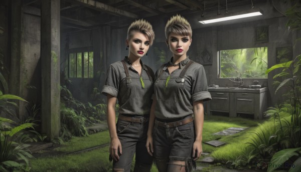 breasts,looking at viewer,short hair,multiple girls,blonde hair,brown hair,shirt,2girls,brown eyes,jewelry,standing,weapon,earrings,shorts,belt,pants,indoors,lips,gun,torn clothes,makeup,siblings,grass,plant,denim,lipstick,handgun,twins,holster,blue eyes,necklace,realistic,dirty,overgrown