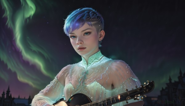 1girl,solo,looking at viewer,short hair,blue eyes,dress,holding,jewelry,blue hair,upper body,earrings,outdoors,parted lips,sky,lips,see-through,night,instrument,star (sky),night sky,starry sky,realistic,nose,music,guitar,playing instrument,holding instrument,bangs,long sleeves,bare shoulders,multicolored hair,two-tone hair,eyelashes,makeup,piercing,ear piercing,eyeshadow,asymmetrical hair,very short hair,eyebrow piercing,aurora