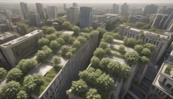 outdoors,sky,cloud,tree,no humans,window,ground vehicle,building,scenery,city,cityscape,ruins,skyscraper,overgrown,day,motor vehicle,car,bridge,real world location