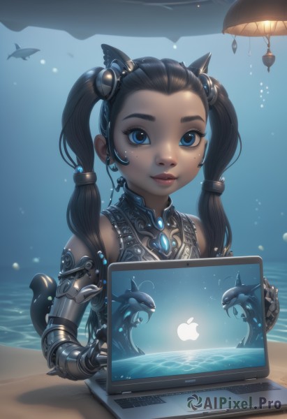 1girl,solo,long hair,looking at viewer,smile,blue eyes,black hair,hair ornament,animal ears,twintails,jewelry,upper body,earrings,cat ears,dark skin,fingerless gloves,water,dark-skinned female,lips,forehead,freckles,fish,science fiction,bubble,underwater,computer,mechanical arms,cyborg,laptop,single mechanical arm,stylus,drawing tablet,tail,mole,mole under eye,ocean,beach,aged down,child,nose,sand,dragon,tablet pc,aquarium