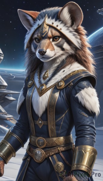 solo,looking at viewer,long sleeves,1boy,animal ears,brown eyes,jewelry,closed mouth,standing,male focus,cowboy shot,outdoors,sky,belt,pants,artist name,signature,hood,necklace,fur trim,animal,gem,star (sky),furry,pendant,starry sky,animal hood,furry female,space,body fur,planet,whiskers,snout,earth (planet),orange fur,gloves,weapon,coat,furry male