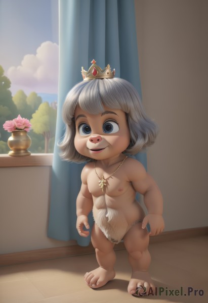 solo,looking at viewer,smile,short hair,blue eyes,1boy,navel,jewelry,nipples,standing,full body,flower,grey hair,male focus,nude,sky,day,cloud,indoors,necklace,window,shadow,crown,curtains,furry,pink flower,furry male,male child,vase,1girl,breasts,bangs,collarbone,white hair,small breasts,barefoot,flat chest,tree,lips,loli,toes,watermark,plant,toenails,realistic,mini crown,fusion