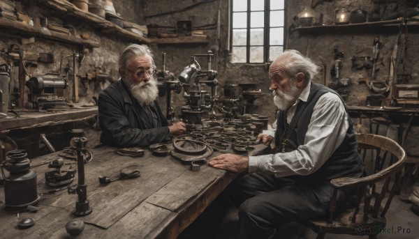 shirt,long sleeves,sitting,jacket,white shirt,weapon,white hair,male focus,multiple boys,necktie,glasses,collared shirt,pants,sword,indoors,2boys,vest,cup,black jacket,window,facial hair,chair,black pants,formal,table,bottle,suit,black necktie,beard,sleeves rolled up,black vest,realistic,mustache,lamp,manly,old,stool,old man,board game,wooden table,1boy,grey hair,from side,book,profile,bald,smoking pipe,map,globe