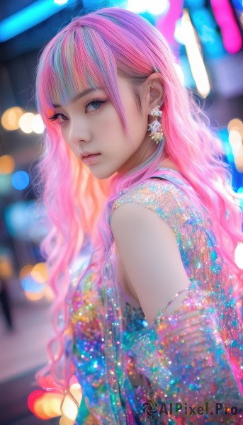 1girl,solo,long hair,looking at viewer,bangs,blue eyes,jewelry,closed mouth,upper body,pink hair,multicolored hair,earrings,detached sleeves,blunt bangs,blurry,from side,lips,eyelashes,makeup,depth of field,blurry background,wavy hair,nose,bokeh,breasts,dress,bare shoulders,blue hair,artist name,streaked hair,see-through,watermark,expressionless,lipstick,eyeshadow,realistic,mascara,neon lights