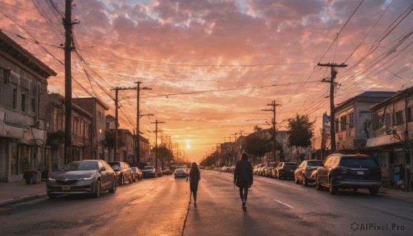 multiple girls, 2girls, outdoors, sky, cloud, tree, dutch angle, cloudy sky, ground vehicle, building, scenery, motor vehicle, walking, sunset, city, sign, car, road, power lines, street, utility pole, road sign, crosswalk, vanishing point